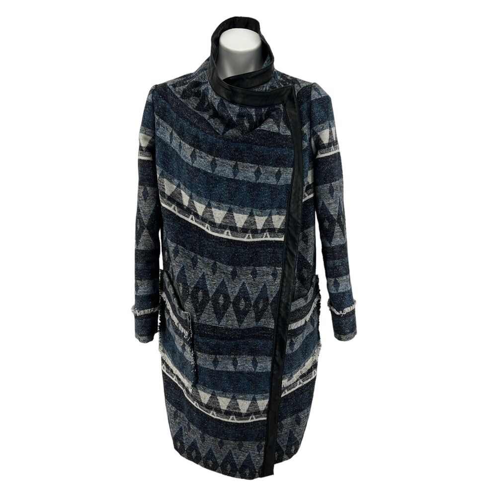 SAM EDELMAN Tribal Blanket Coat Women's S Boho Jacket Fringe Wool Blue Southwest